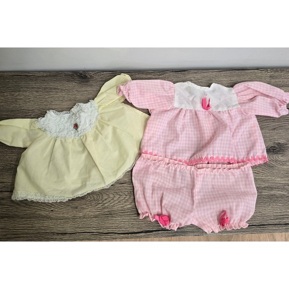 Vintage Doll Baby Clothes Pink Ginham And Yellow Outfit - Picture 1 of 4